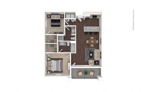 Floor plan for 2 beds, 2 baths, 990 sqft